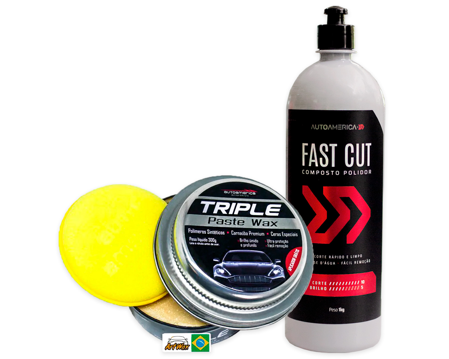 Composto Polidor Base D'Água Corte Rápido Fast Cut 1kg  + Cera de Carnaúba Triple Paste Wax 300g Autoamerica Kit