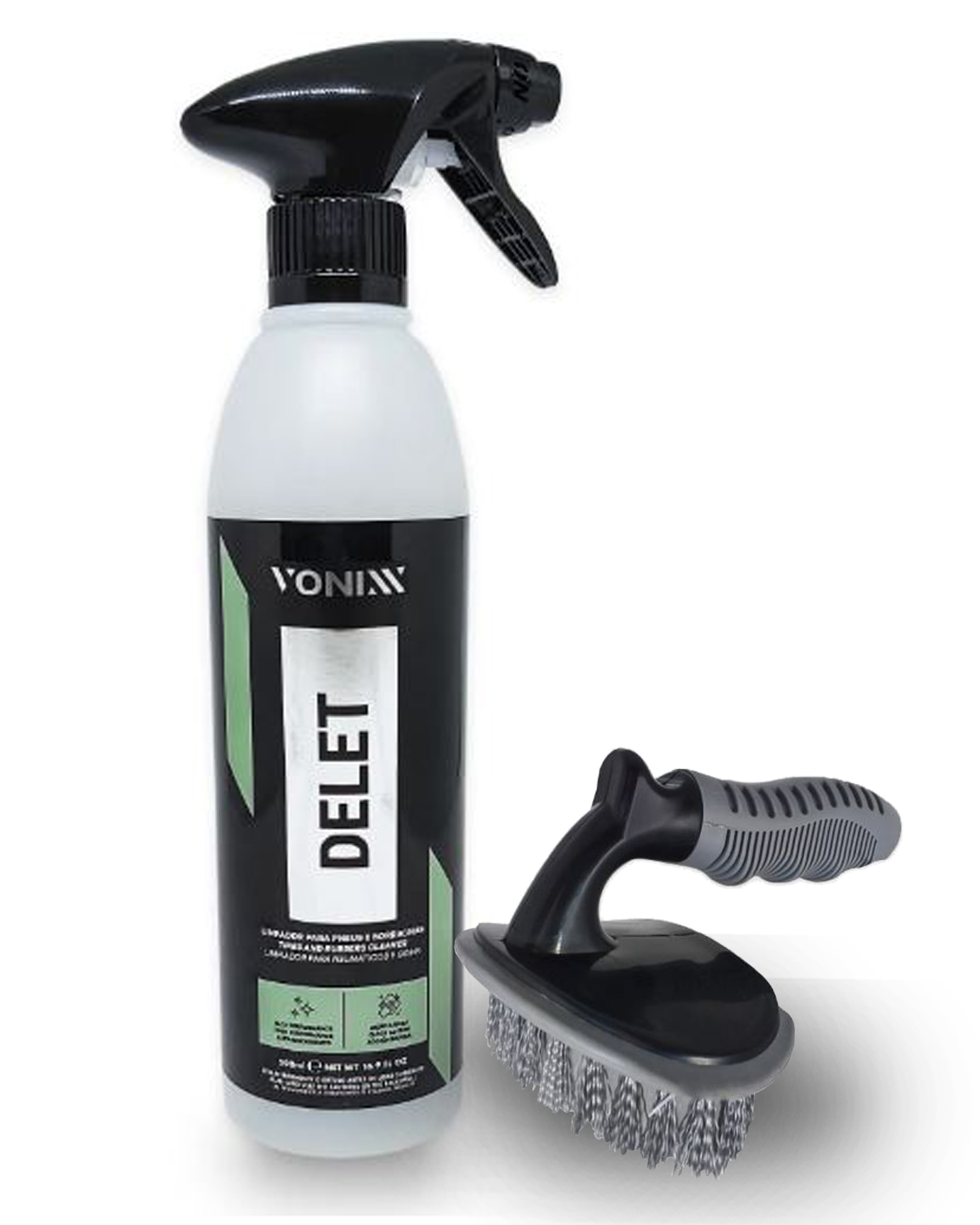 Delet Limpador Ação Rápida para Pneus e Borrachas Vonixx + Escova Limpa Pneus Kit 2 Unidades