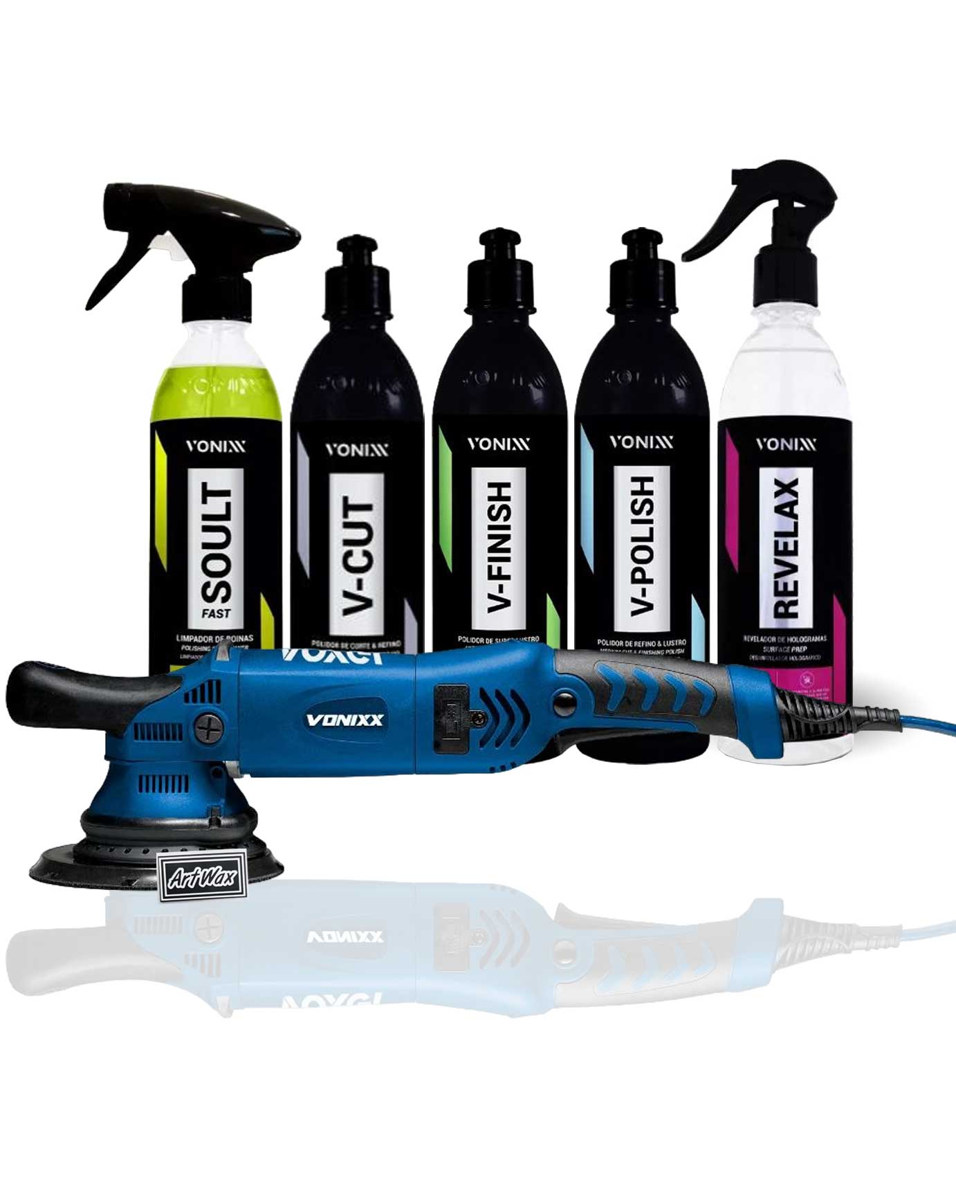 Kit Politriz Orbital 5" Voxer 15mm 220v + Compostos Polidores - Revelax e Limpa Boinas Vonixx