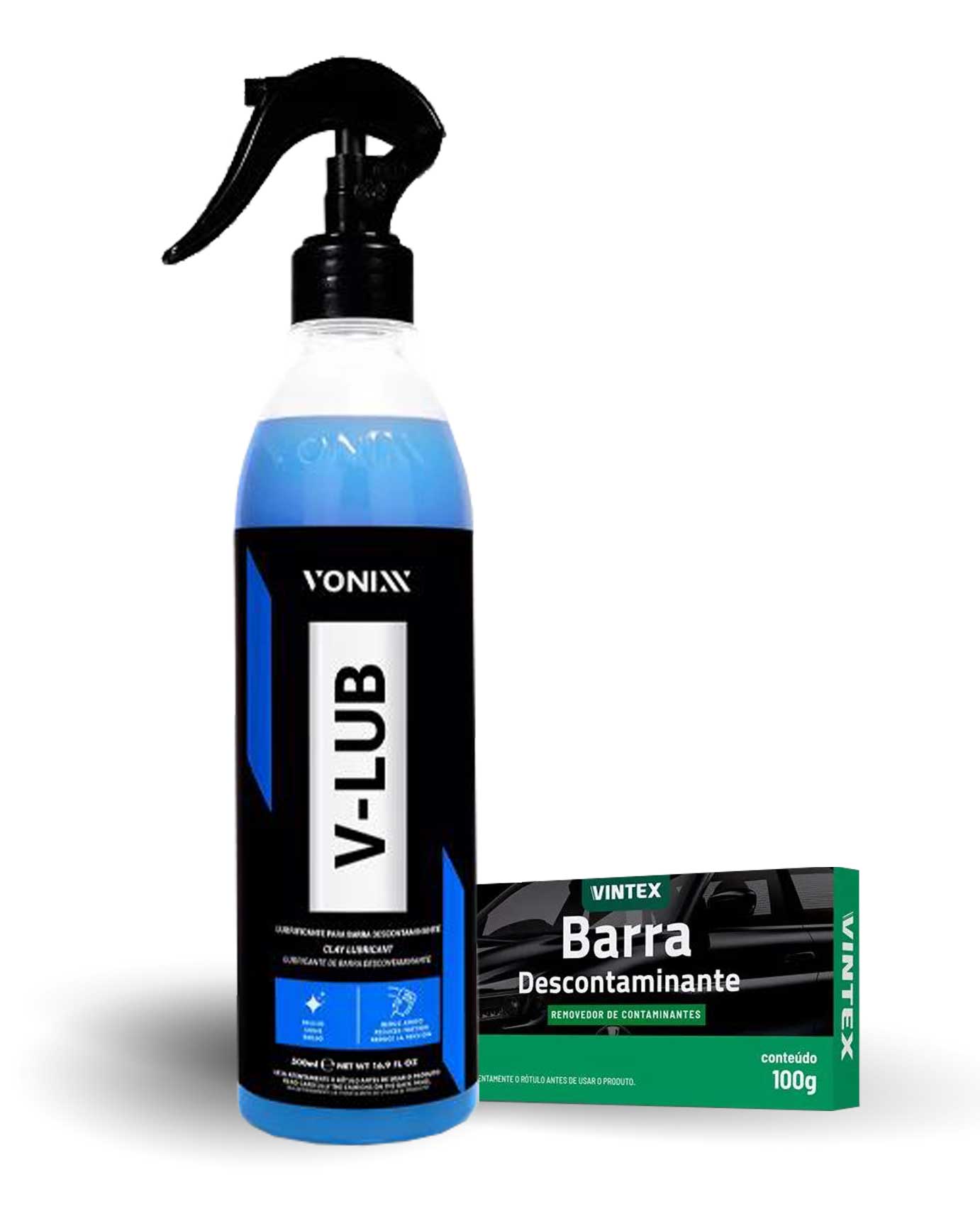 Kit Vintex Claybar Descontaminante de Pintura 100g + Vonixx V-Lub Lubrificante 500ml