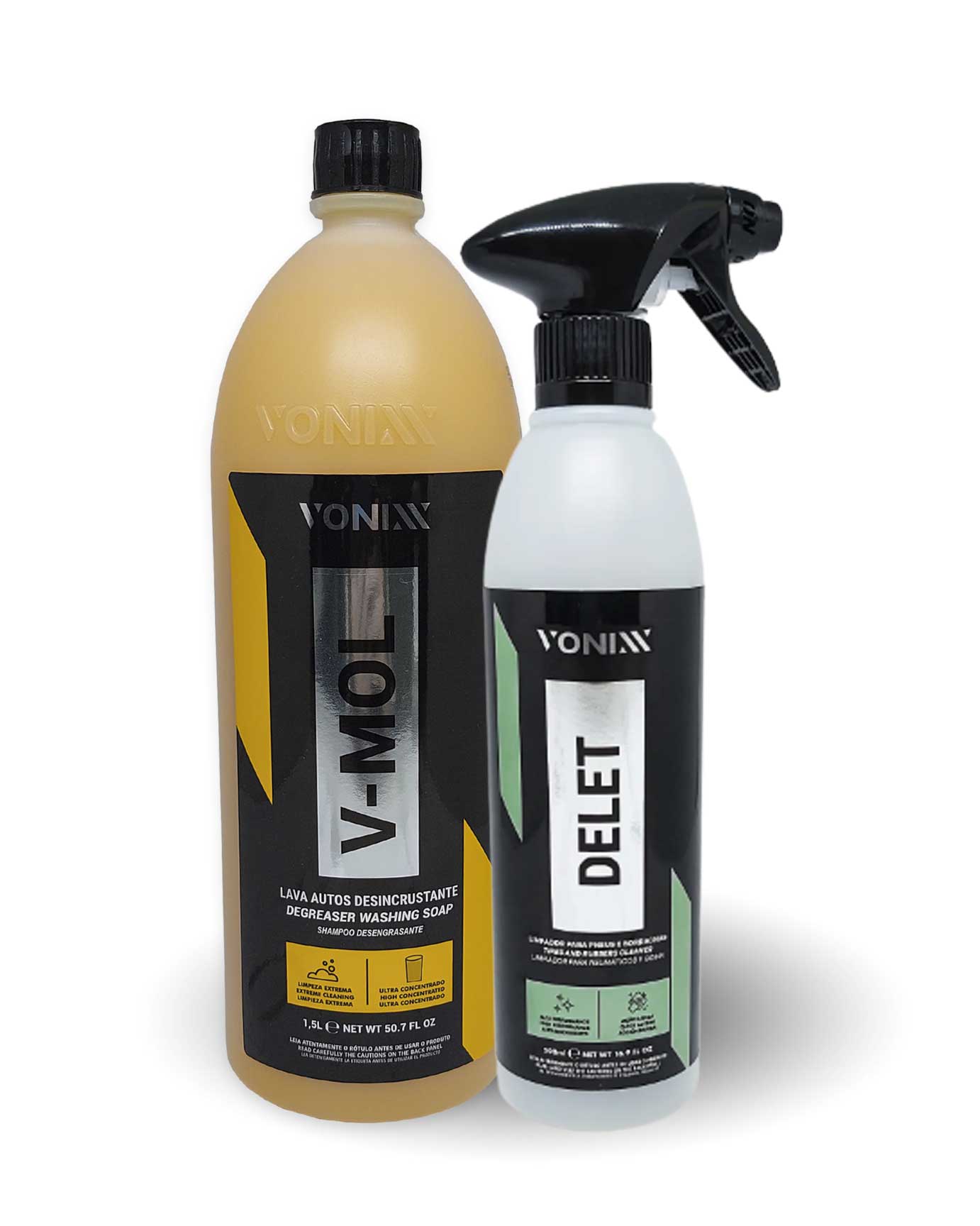 V-Mol Lava Autos Desincrustante 1,5L + Delet Limpador Ação Rápida para Pneus e Borrachas 500 ml Vonixx Kit 2 Unidades